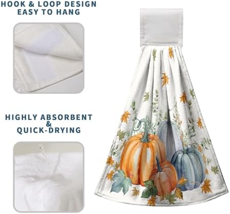 Fall Orange Blue Pumpkin Kitchen Hanging Towels Set of 2 Autumn Eucalyptus Maple Leaves Hand Towels with Hanging Loop Thanksgiving Dish Washcloth Soft Absorbent Bath Tie Towel