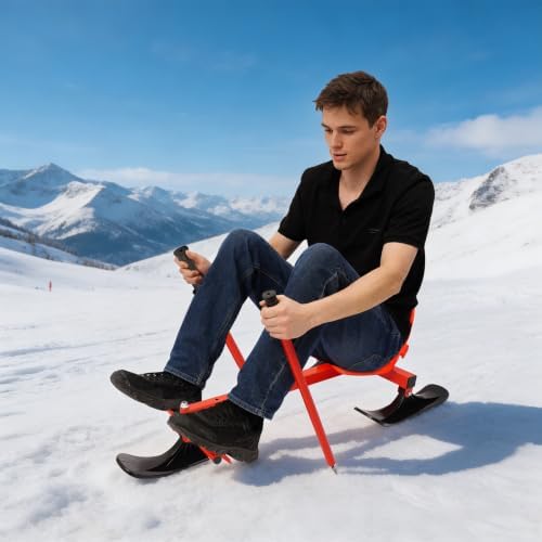 Snow Sled 198LBS Capacity Modern Snow Scooter with 5.9FT 165.35LBS Pulling Force Rope, Length Adjustable Ski Scooter Snow and Ice Skate for Skiing, Ice Skating Red+ Black