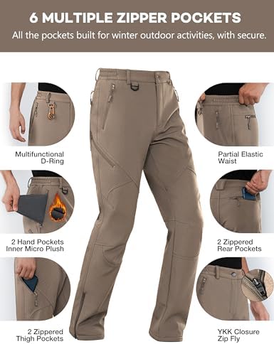 Stlight Mens Snow Ski Water Repellent Softshell Pants for Winter Hiking Fleece Lined Bottom Leg Zipper with 6 Zip Pockets