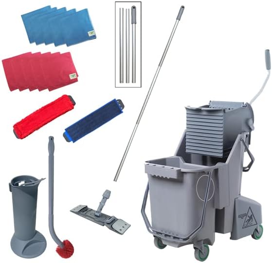 UNGER Commercial SmartColor Floor Cleaning Kit - 32qt Dual Bucket System, Telescopic Microfiber Mop, Pads, Cloths plus Toilet Brush and Holder Set - Janitorial Cleaning & Floor Care - FMK01