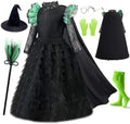 7Pcs Witch Black Costume Dress for Girls Halloween Set with Hat Cape Boom