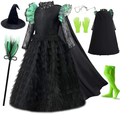7Pcs Witch Black Costume Dress for Girls Halloween Set with Hat Cape Boom
