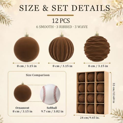 12Pcs Brown Velvet Christmas Ornaments 3.15In Balls for Christmas Tree Deco