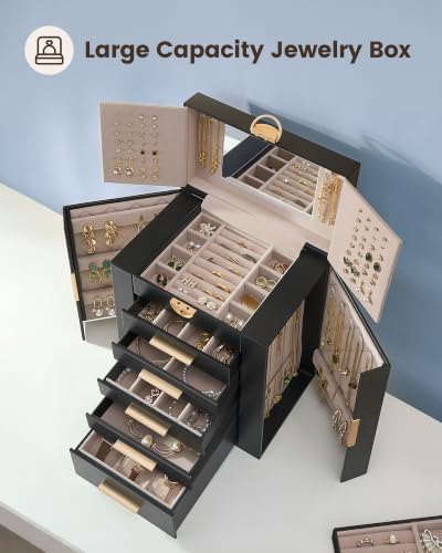 Lolalet Large Jewelry Box, 6-Layer Jewelry Organizer with 5 Drawers -Black