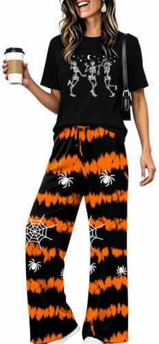 Skull Sets for Women Halloween Bloody Shirts Dancing Skeleton 2 Pc Set