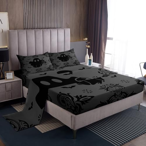 Castle Fairy Cute Ghost Sheet Set,Kids White Gray Halloween Bed Sheets Set,Bat and Pumpkin Bedding Set for Boys Teens Girls Sheets Soft Room Decor Twin Size(1 Flat Sheet+1 Fitted Sheet+1 Pillowcase)