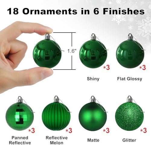 Emerald Green 1.6" Small Christmas Balls Christmas Tree Decoration Ornaments Shatterproof Hanging Balls for Birthday St. Patrick's Day Easter Mardi Gras Holiday Wedding Decorations Set of 18pcs