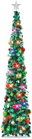 N&T NIETING Pop Up Christmas Tree with Lights & 40 Balls, 6Ft Collapsible Green Tinsel Tree Decorations, Skinny Christmas Tree for Holiday Home Office Decor, Green