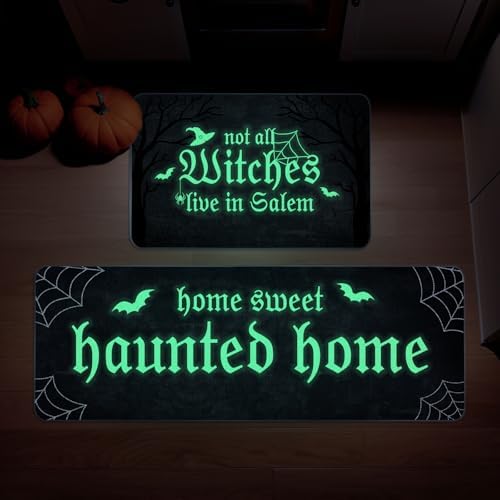 Halloween Kitchen Mat Set of 2 Not All Witches Live in Salem Decorative Glow in The Dark Kitchen Rugs, Luminous Party Home Floor Mats for Indoor Outdoor Decorations-17x27 and 17x47 Inch