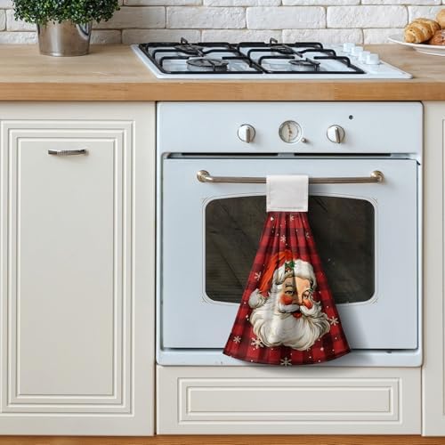 Santa Claus Christmas Hanging Hand Towels Set of 2 Red Black Buffalo Plaid Xmas Kitchen Towels with Hanging Loop Winter Holiday Oven Stove Dish Cloth Soft Absorbent Bath Tie Towel for Bathroom Decor