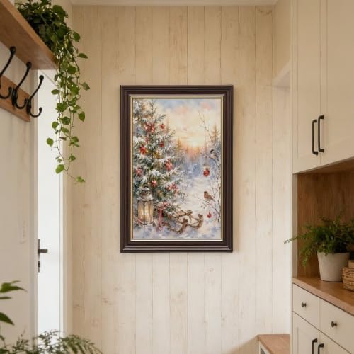 Snowy Christmas Tree Canvas Wall Art Wood Grain with Gold Edge Frame Sled