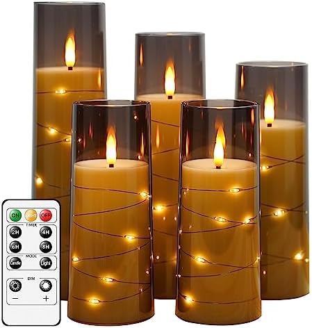 kakoya Flameless LED Candles with Timer 5 Pc Flickering Flameless Candles for Romantic Ambiance and Home Decoration Stable Acrylic Shell,with Embedded Star String，Battery Operated Candles（Grey）
