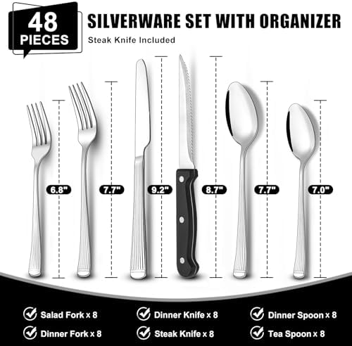 49-Piece Silverware Set with Organizer, Food-Grade Stainless Steel Flatware for 8, Cutlery Utensil Sets with Steak Knives, Rust-proof, Mirror Polished, Dishwasher Safe, Silver Roman Column