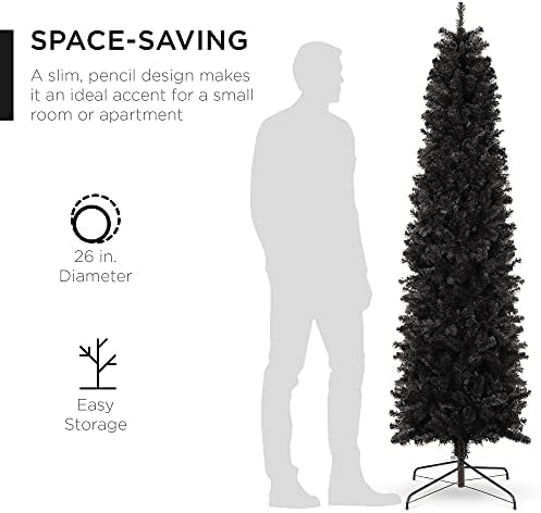 Best Choice Products 6ft Black Artificial Holiday Christmas Pencil Tree for Home, Office, Party Decoration w/ 608 Tips, Metal Hinges & Base