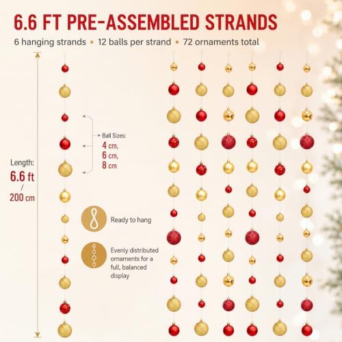 6 Pcs Christmas Ball Garland 6.6 ft Hanging Ornaments Strand, Red and Gold