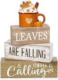 Lineshading 4 Pcs Fall Coffee Table Decor Wooden Pumpkin Latte Block Signs