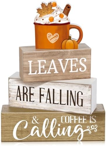 Lineshading 4 Pcs Fall Coffee Table Decor Wooden Pumpkin Latte Block Signs