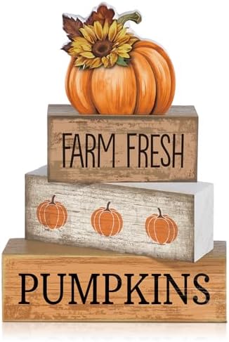 Lineshading 4 Pcs Fall Table Decor Pumpkin Sunflower Sign, Farm Fresh Wood