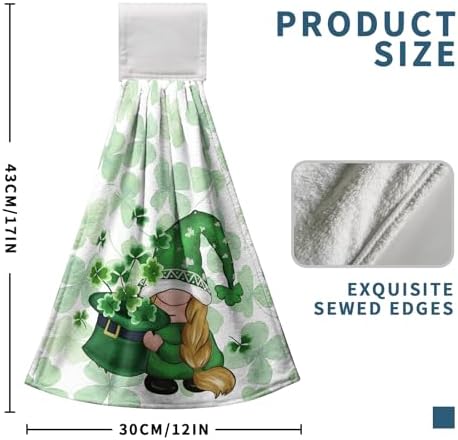 St Patricks Day Gnomes Hanging Kitchen Towels Set of 2 Spring Lucky Shamrocks Hand Towel with Hanging Loop Irish Green Dish Towel Soft Absorbent Bath Tie Towel for Bathroom Farmhouse