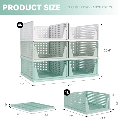 Pinkpum Green Boy Closet Organizers and Storage Stackable Plastic Drawer Basket for Clothing Stackable Storage Bins Shelf Storage Container for Rv Closet Wardrobe Bedroom Bathroom Playroom Man 6 Pack
