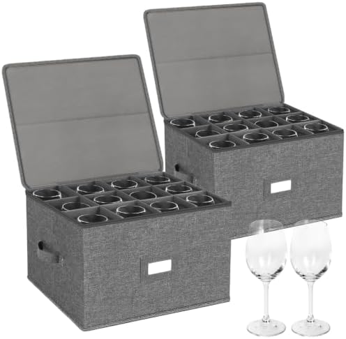 Stemware Storage Containers 2 pack, Wine Glass Storage Box with Dividers
