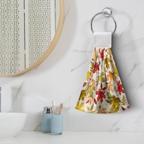 2 Pcs Fall Maple Leaves Hanging Kitchen Towels with Loop Autumn Thanksgiving Hand Tie Towels Fast Drying Dish Washcloths Soft Absorbent Fingertip Bath Towel for Bathroom Farmhouse Decor