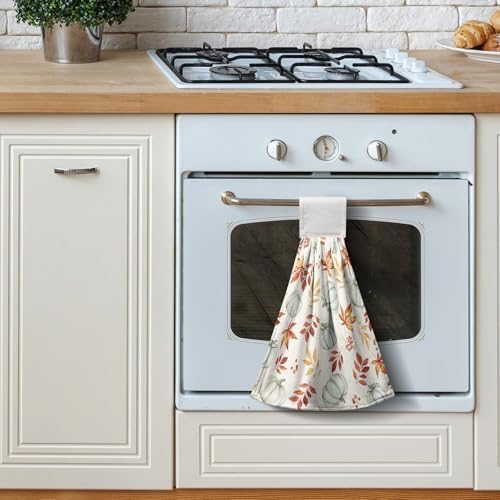 Fall Orange Leaves Pumpkin Kitchen Hanging Towels Autumn Thanksgiving Harvest Hand Towels with Hanging Loops Set of 2 Oven Stove Dish Hang Towel Soft Absorbent Bath Tie Towel