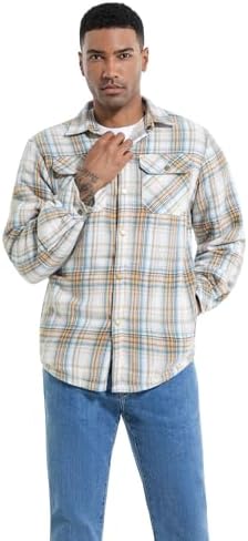 Men's Sherpa Cotton Flannel Shirt Jacket Plaid Button Coat Pocket