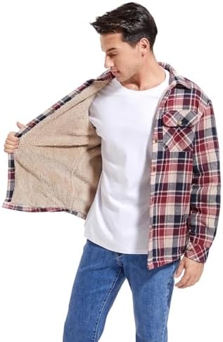 Men's Sherpa Cotton Flannel Shirt Jacket Plaid Button Coat Pocket