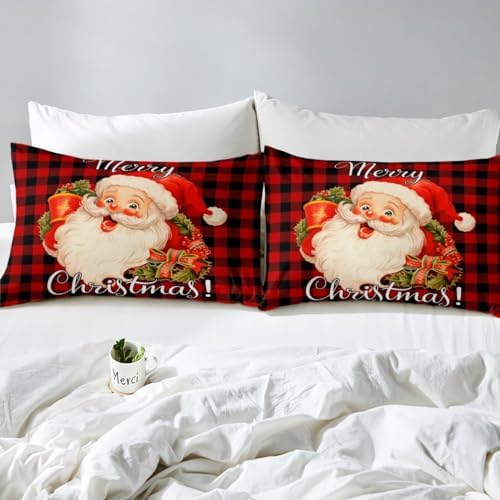 Santa Claus Bed Sheet Set Kids Black and Red Square Sheets Set 4pc Xmas Theme Microfiber Soft Bedding Set,1 Flat Sheet,1 Deep Pocket Fitted Sheet,2 Pillow Cases（King Size）