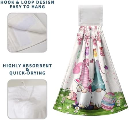 Easter Gnome Kitchen Hanging Towels Set of 2 Spring Easter Bunny Eggs Flowers Bath Hand Towels with Hanging Loops Tea Bar Dish Cloths Dry Towel Soft Absorbent Fingertip Tie Towel for Bathroom