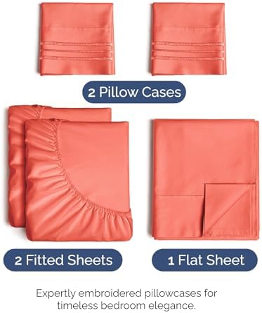 Split King Size 5 Piece Sheet Set - Breathable & Cooling Sheets - Coral