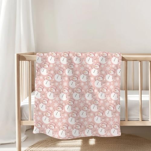 Watercolor Pink Snowman Baby Blankets for Girl Christmas Snowman Snowflakes Girly Soft Flannel Swaddle Receiving Blankets for Infant Toddler Crib Winter Holiday Nursery Bed Blanket 40x50inch