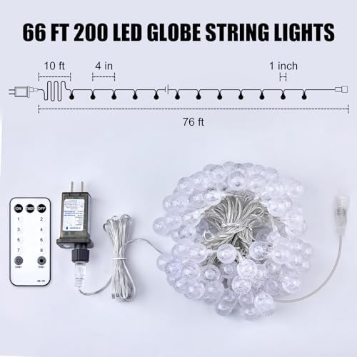 Minetom Crystal Globe String Lights Plug in - 66 ft 200 LED Globe Fairy String Lights with Remote and Timer, Waterproof for Bedroom Tent Loft Bed Window Porch Patio Wedding Party Holiday Decor