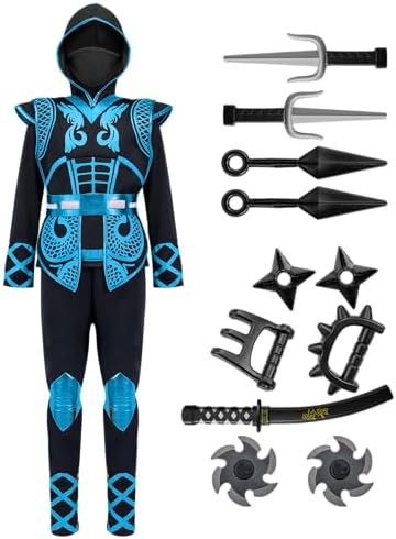 Spooktacular Creations Blue Ninja Costume Set, Ninja Jumpsuit with Foam Accessories for Kids, Toddler Halloween Outfit for Ideas Cosplay Party (Medium, 8-10 yrs)