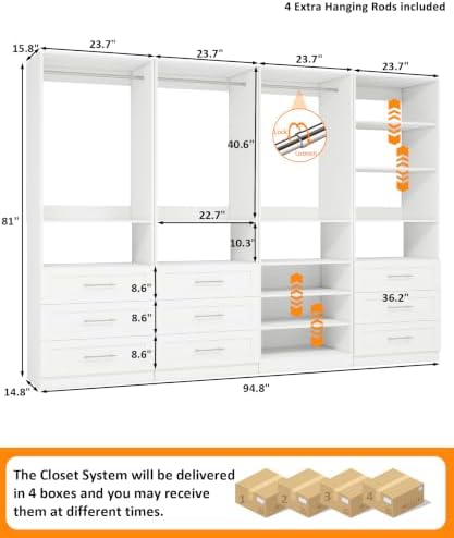 Closet System with 4 Sets, 8–21 FT Closet Organizer System with 9 Drawers, 10 Shelves & 7 Rods, Walk-In Modular Closet System, Custom Built-In Closet Kit, White