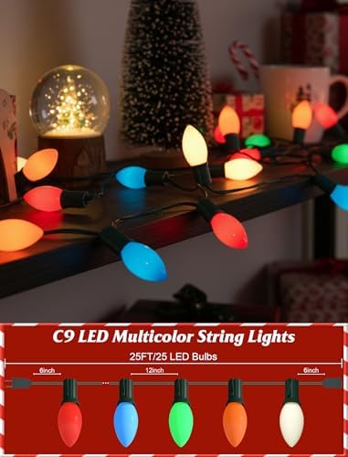 SUNSGNE Vintage C9 LED Christmas Lights Outdoor, 25FT C9 Retro Christmas Lights with 25 LED Shatterproof Bulbs for Roofline Holiday Party Indoor Outdoor Garden Patio Backyard Xmas Decoration