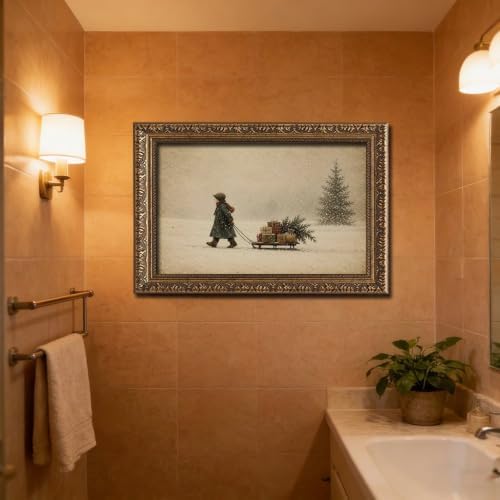 Vintage Child Sled Wrapped Boxes Evergreen Snow Christmas Canvas Wall Art