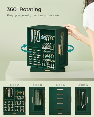 SONGMICS Jewelry Box Organizer, 360° Rotating, 5 Drawers, Forest Green