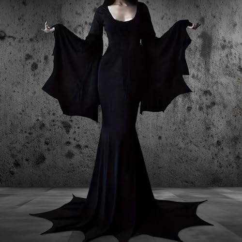 Aileam Halloween Morticia Addams Costumes Vintage Gothic Black Long Dress Outfit Women Wig Red Roses Flowers Necklace