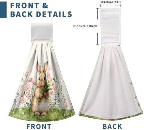 Easter Bunny Hanging Kitchen Towels Easter Rabbit Pink Tulip Flowers Hand Towels with Hanging Loop Spring Holiday Dish Towel Soft Absorbent Fingertip Bath Tie Towel Set of 2
