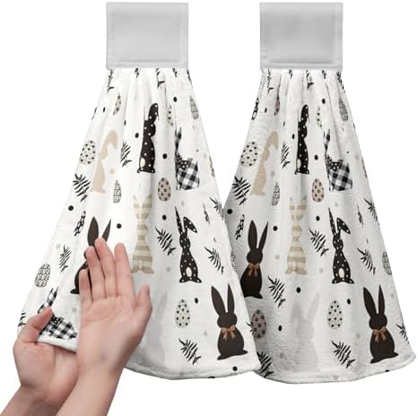 Easter Kitchen Hanging Towels Black and White Bunny Easter Hand Towel with Hanging Loops Spring Rabbit Eggs Holiday Dish Tie Towel Soft Absorbent Fingertip Bath Towel for Bathroom