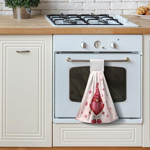 Valentine's Day Heart Hanging Kitchen Towels Romantic Gnome Bouquet Hand Towel with Hanging Loop Red Pink Love Dish Towel Soft Absorbent Fingertip Bath Towels for Bathroom Decor Set of 2