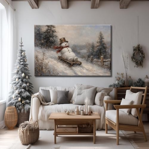 Christmas Winter Snowman Wood Sled Sleigh Wall Art (Framed,20×30 inch)