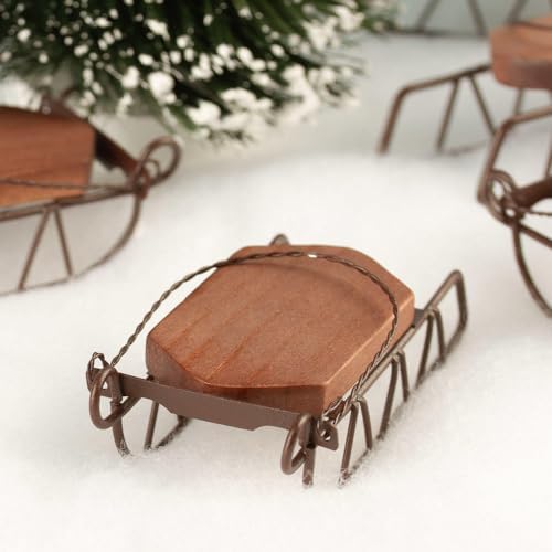 6 Mini Rustic Wood Sleds – 4" Metal & Wood Christmas Holiday Decorations