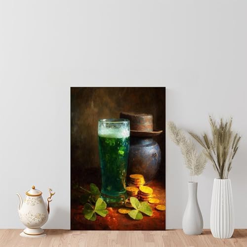 JDBeehpy St. Patrick's Day Green Beer Lucky Coins Still Life Fashion Minimalist (Unframed, Canvas Only) Canvas Wall Art Classic Irish Holiday Festival Aesthetic Pictures Farmhouse 16x24inch(40x60cm)