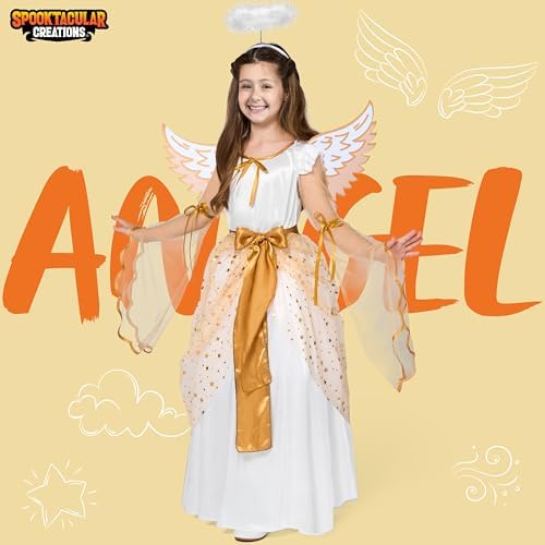 Spooktacular Creations Halloween Angel Costume for Girls, Golden White Angel Dress for Kids for Halloween Role Play Themed Party (Large, 10-12 yrs)