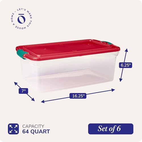 HOMZ Holiday Tote Plastic Storage Bin with Lid, 64 Qt, Clear/Red, 6 Pack