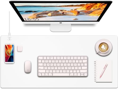 Desk Mat with Wireless Charging, White Mouse Pad with Wireless Charger, Desk Pad Matt for Desktop, Mousepad Gaming Large Mouse Pad, Leather Compute for Keyboard and Mouse, 32" x 16"