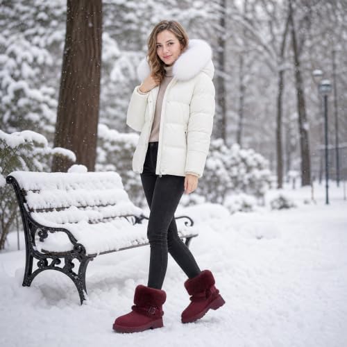 Furry Winter Boots for Women Block Heels Platform Buckle Slip On